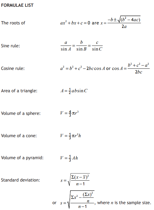 National 5 Mathematics Formula Sheet